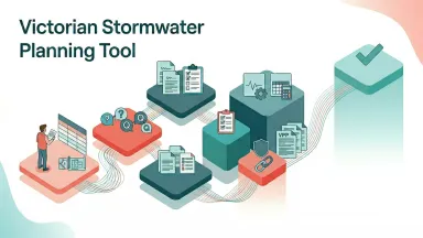 A website hero image with the heading "Victorian Stormwater Planning Tool" in dark teal text. The graphic displays a step-by-step isometric journey across connected platforms in shades of teal, blue-grey, and coral. Icons represent different stages of the planning process: a person reviewing maps, speech bubbles with question marks for the navigator tool, document checklists, data modeling tools, and a final tall teal platform with a large green tick indicating a successful permit-ready outcome.
